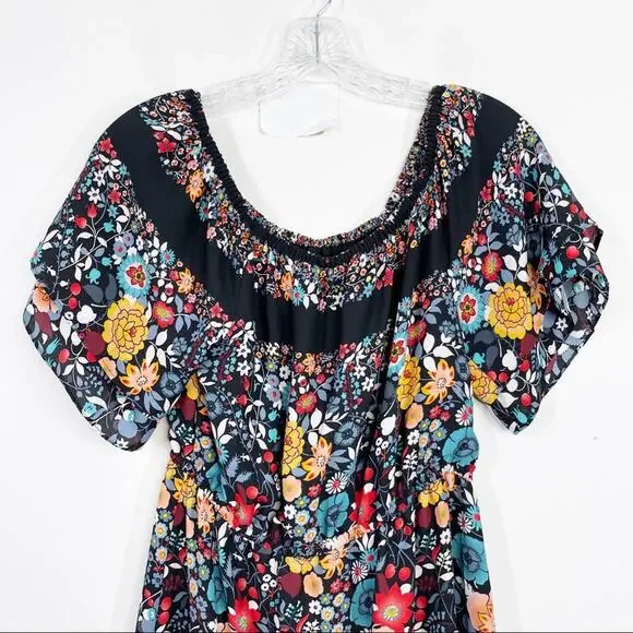 LOFT Black Floral Print Striped Off the Shoulder Dress Sz. Small Petite SP - Picture 5 of 8